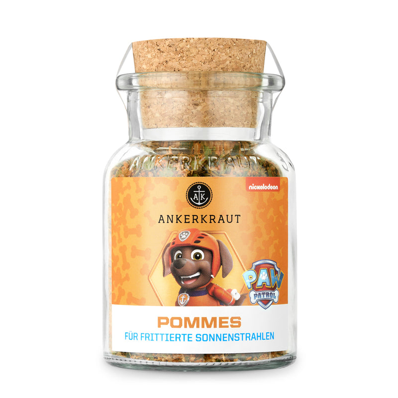 Paw Patrol Pommes Gewürz von Ankerkraut im Korkenglas auf weißem Hintergrund.