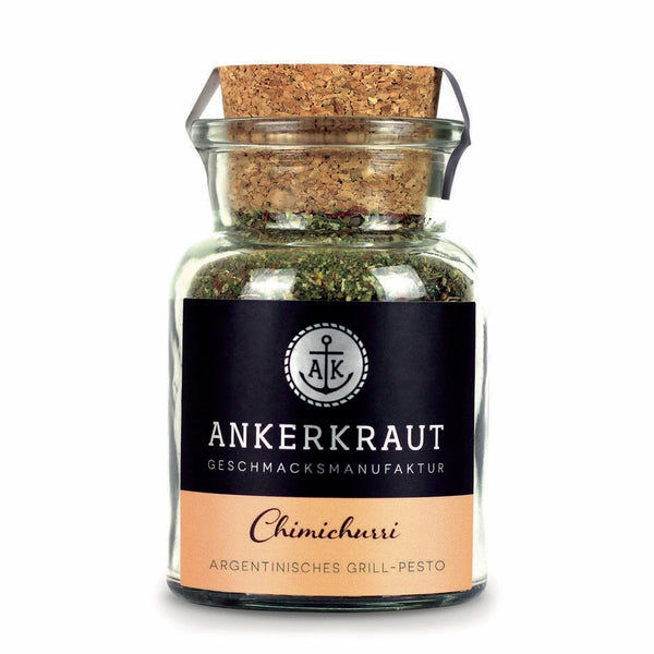 Chimichurri Gewürz von Ankerkraut im Korkenglas auf weißem Hintergrund.