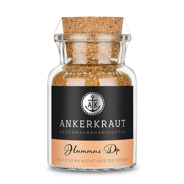 Hummus Gewürz von Ankerkraut im Korkenglas auf weißem Hintergrund.