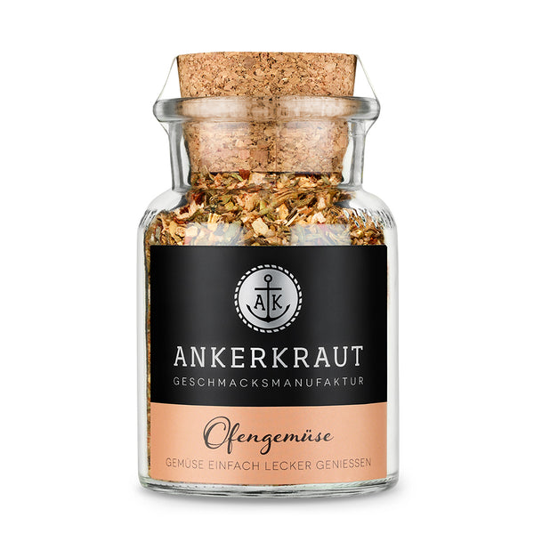 Ankerkraut Ofengemüse Gewürz im Korkenglas auf weißem Hintergrund.