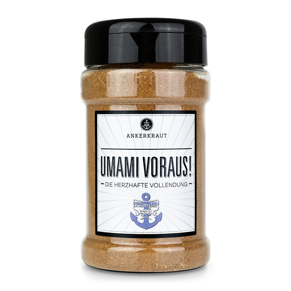 Ankerkraut Umami Gewürz im Gewürzstreuer vor weißem Hintergrund.